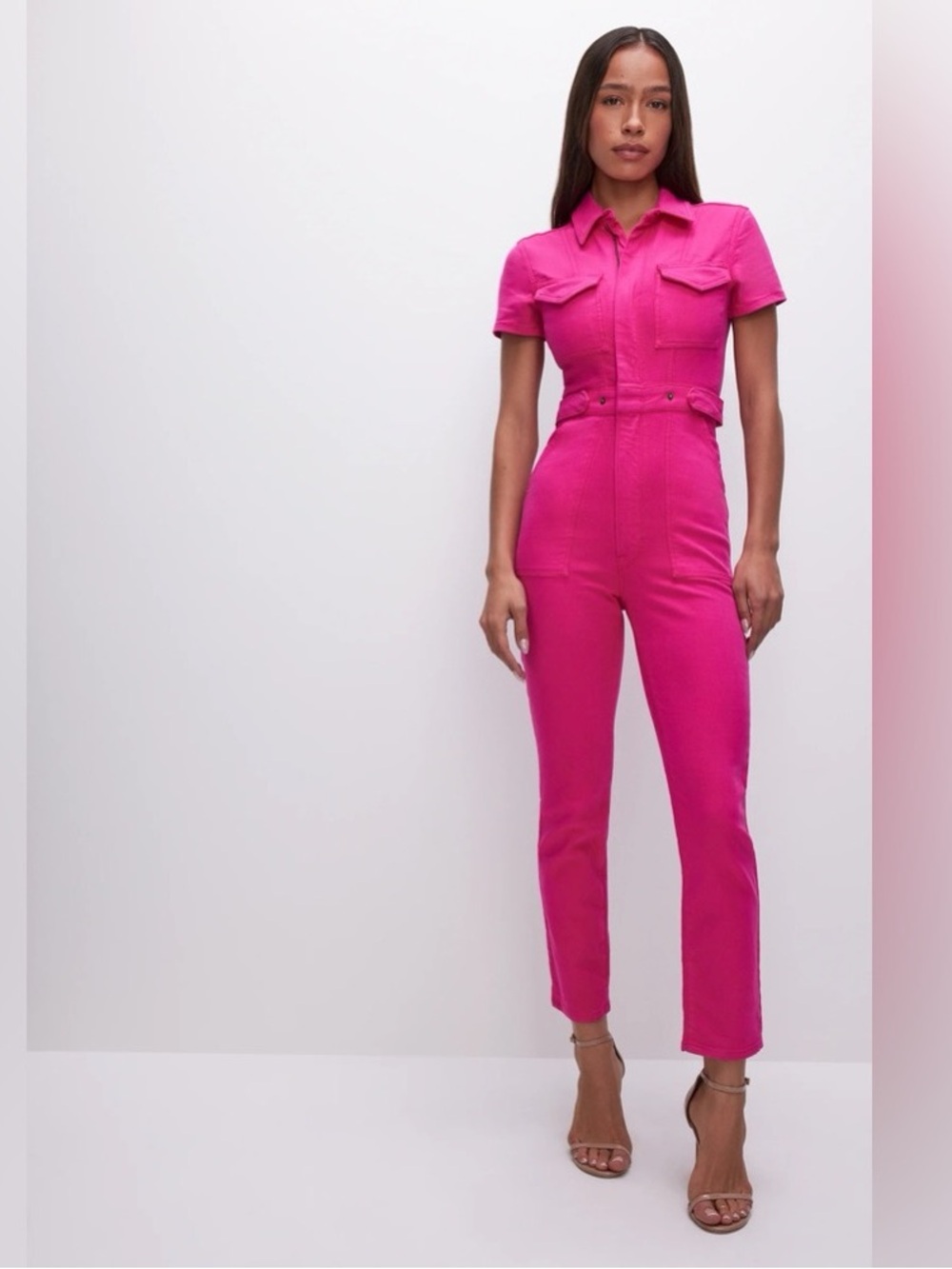 Utility Short-Sleeve Jumpsuit in Hot Pink